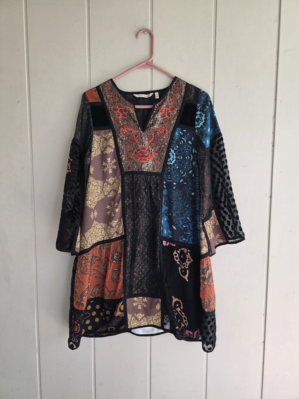 Soft surroundings Adassa Velvet Tunic Mini Dress Patchwork Boho Sequin Artsy XS